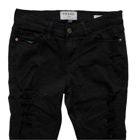 Frame Le Skinny de Jeanne Size 27 Distressed Black with Holes Film Noir - Picture 2 of 16
